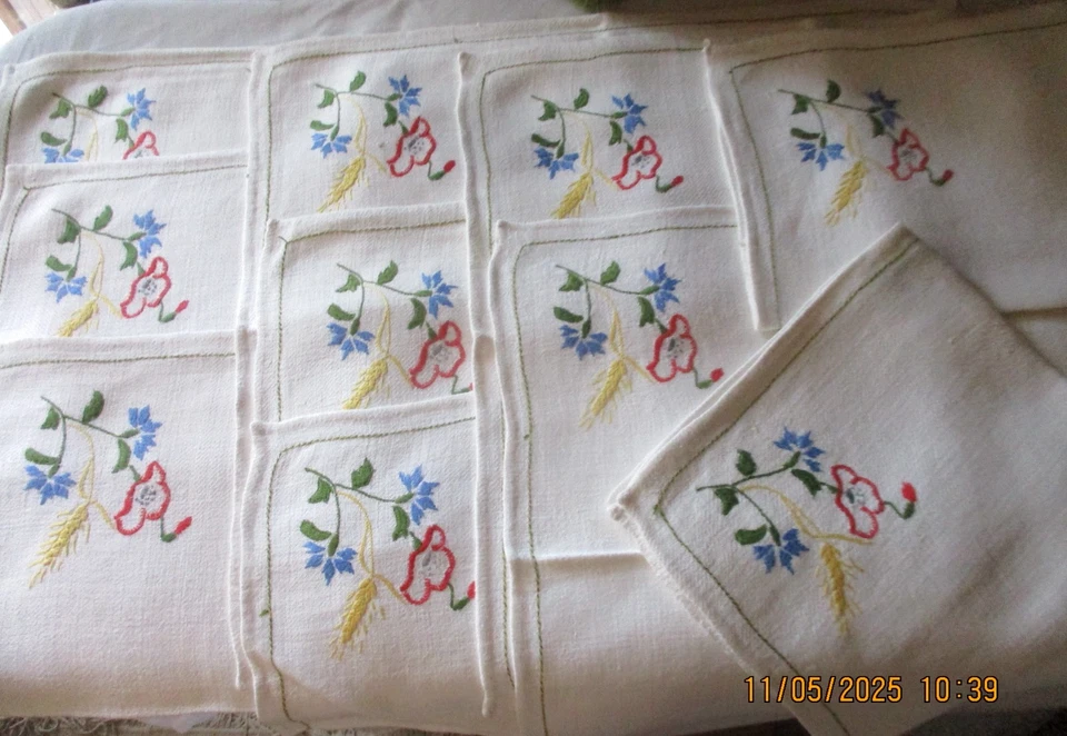 TEXTILE ANCIEN  LINGE DE TABLE 10 SERVIETTES  LIN ET CHANVRE BRODERIE BOUQUET BE - Photo 1/4