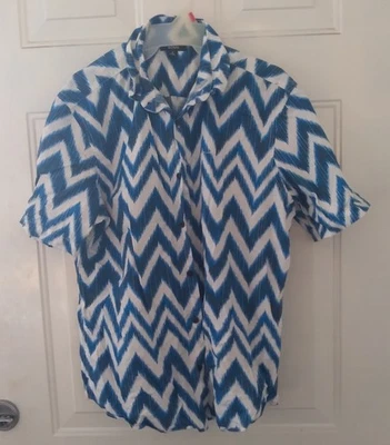 Мужские размер M белый и синий зигзагообразный узор гавайская рубашка, на ALFANI, бывшая в употреблении - Изображение 1 из 3