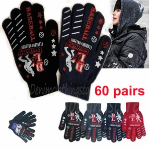60 Teens Boy Youth Baseball Printed Knit Warm Magic Winter Gloves Lot Wholesale - Picture 1 of 7