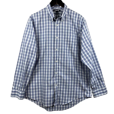 Рубашка мужская LAND' END размер 16 1/2 - 35 синяя клетчатая без утюга Supima Pinpoint - Изображение 1 из 4