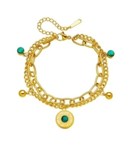 Pulsera Doble Capa Racimo Para Mujeres De Acero Inoxidable Chapada En oro 18k - Picture 1 of 4