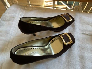 BCBG Generation Women Satin Open Toe Heels Brown with Gold Buckle Size 8 - Picture 1 of 9