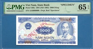 Vietnam, 5000 Dong, 1991, AA 000000, Probe, Edelstein UNC-PMG65EPQ, P108s - Bild 1 von 2