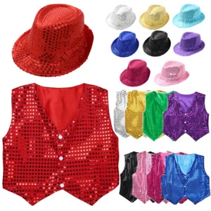 Kid Girl Sequin Fedora Hat/Vest Hip Hop Jazz Dance Fancy Performance Costume - Picture 1 of 125