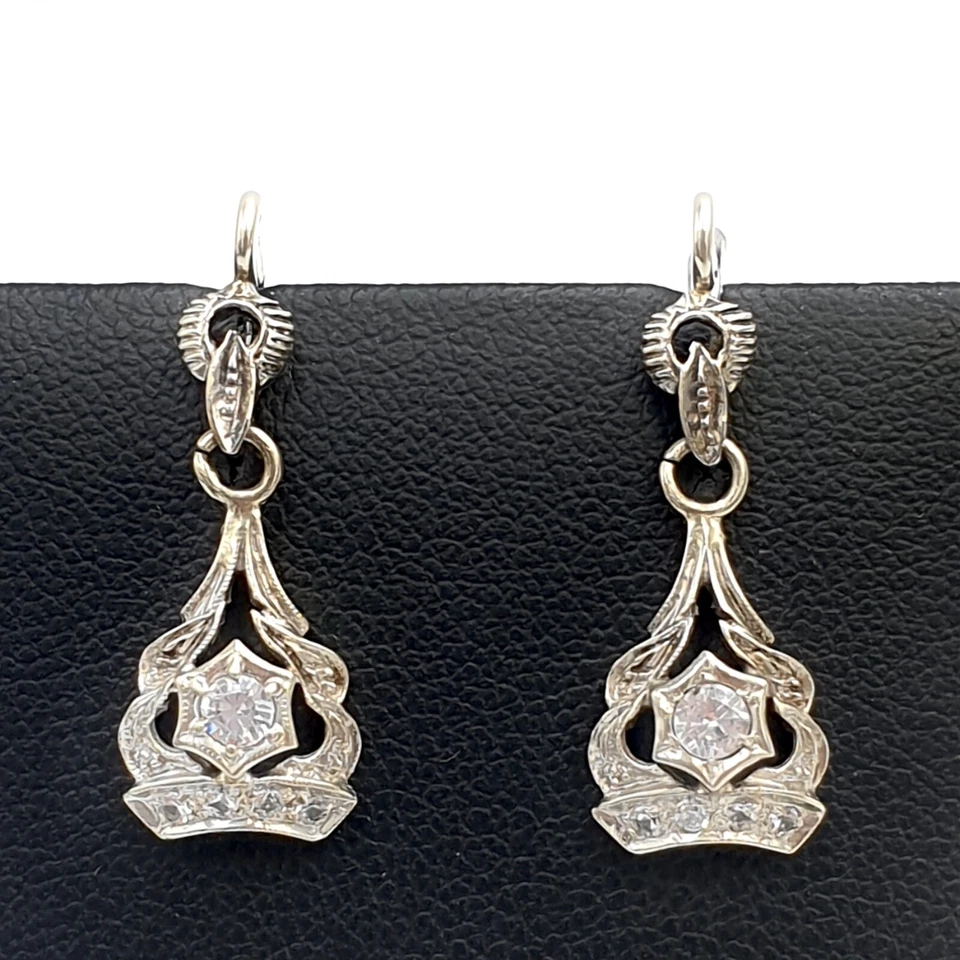 Orecchini pendenti vintage anni '60 oro bianco 18k zirconi Made in Italy - Immagine 1 di 4