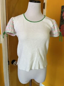 60’s Knit Short Sleeve Blouse Sweater, Sz 40 Puffed Sleeves Green & Pink Mod - Picture 1 of 6