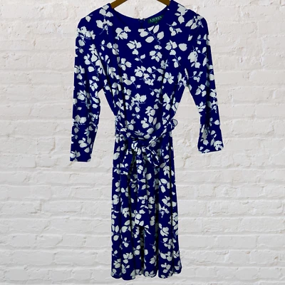 Lauren Ralph Lauren Women Size 10 Dress Royal Blue Floral Belt 3/4 Sleeve - Image 1 of 4