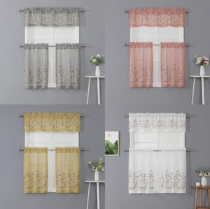 Kate Aurora 3 Piece Embroidered Floral Sheer Kitchen Curtain Tier & Valance Set - Picture 1 of 54