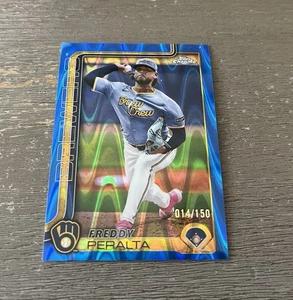 2025 Topps Chrome MLB #95 Freddy Peralta Blue RayWave Refractor Brewers 14/150 - Picture 1 of 2
