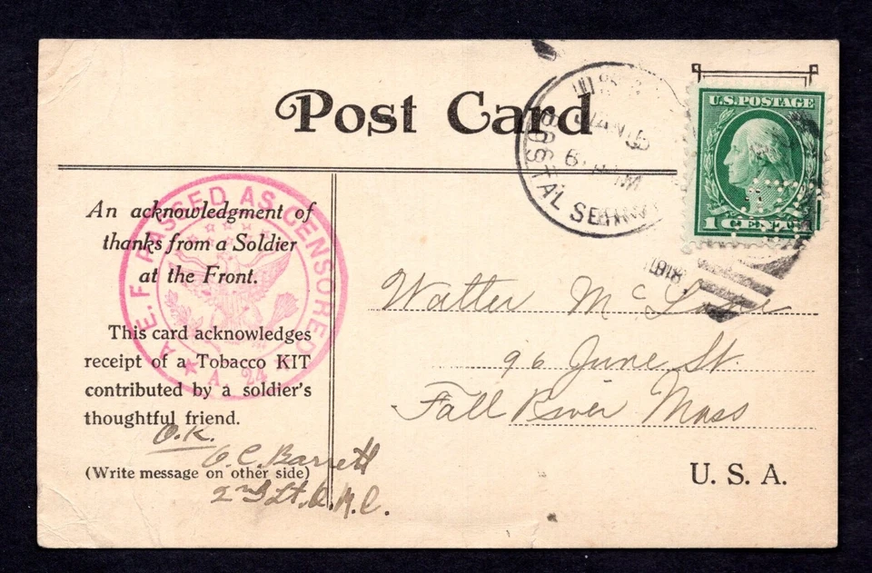 US 1918 WWI AMERICAN EXPEDITIONARY FORCE "A.E.F." PERFIN ON 1¢ WASHINGTON - Image 1 of 2