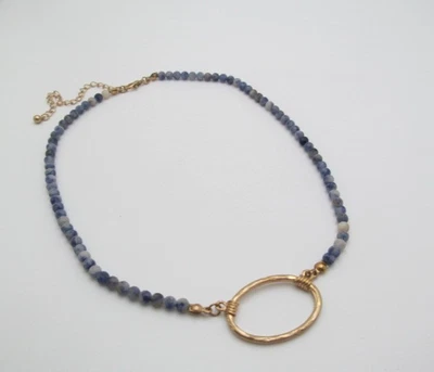 Marbled Blue Stone 4.5mm Round Ball Hammered Rose Gold Metal Oval Necklace - Image 1 of 4