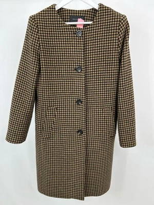 ANN TAYLOR Mid Length Houndstooth Coat SZ L BEIGE BLACK Women Jacket Wool Blend - Image 1 of 4