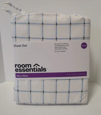 Room Essentials Queen Microfiber Sheet Set Blue Grid Brushed for Softness - Image 1 of 4