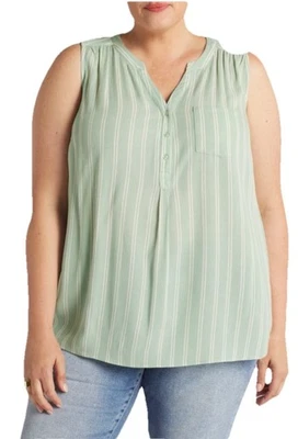 Blusa Henley Market & Spruce Prat sin mangas 2 capas a rayas verdes Foto 1 de 4