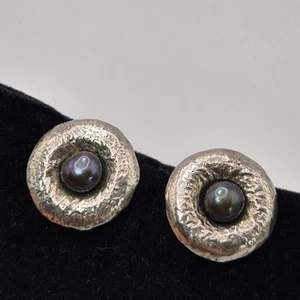 Margaret Turner Sterling Silver Black Pearl Clip On Earrings Hallmarked - Picture 1 of 17