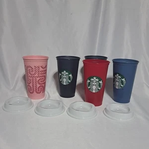 Lot Of 5 Starbucks Reusable Color Changing Cold Cups 16oz - 5 Cups 4 Lids - Picture 1 of 2