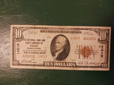 1929 $10 ERIE The National Bank & Trust Company of Erie - T2 - CH #14219  - Image 1 of 4