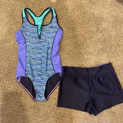Girls Swimsuit Size 14 Zero Xposure One Piece With Shorts Black/purple/teal EUC - Image 1 of 4