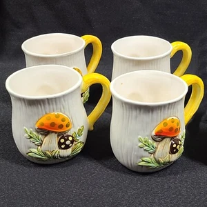 4 Vintage Sears Merry Mushrooms Coffee Mugs Cups 1970s Hippie Boho - Picture 1 of 6