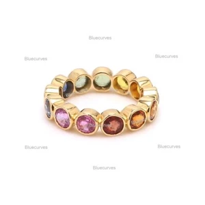 Rainbow Sapphire Gemstone Bezel Set Eternity Band Ring 14K Yellow Gold Jewelry  - Picture 1 of 5