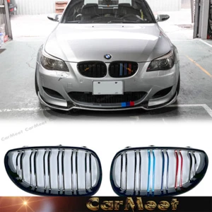 DUAL SLANT PIANO BLACK GRILLE FIT 2004 2005 2006 2007 2008 2009 2010 BMW E60 E61 - Picture 1 of 4