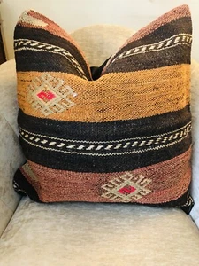 Turkish Kilim Cushion Cover Stripe Yellow Brown 50 X 50cm 100%Wool Square New - Picture 1 of 5