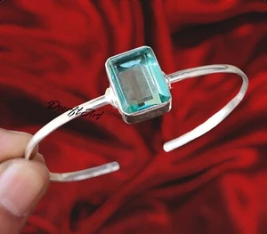 Auqumarine Gemstone Adjustable Cuff Bangle, 925 Sterling Silver Handmade Bangle - Picture 1 of 8
