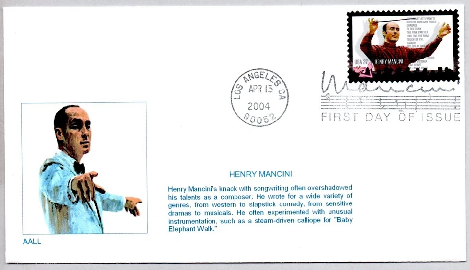 #3839 JAZZ STYLE FILM COMPOSER HENRY MANCINI STAMP FDC, PINK PANTHER - Image 1 of 1