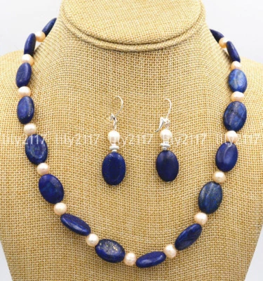 Conjunto de pendientes collar perlas blancas de agua dulce gema lapislázuli azul 13x18mm 7-8mm Foto 1 de 3