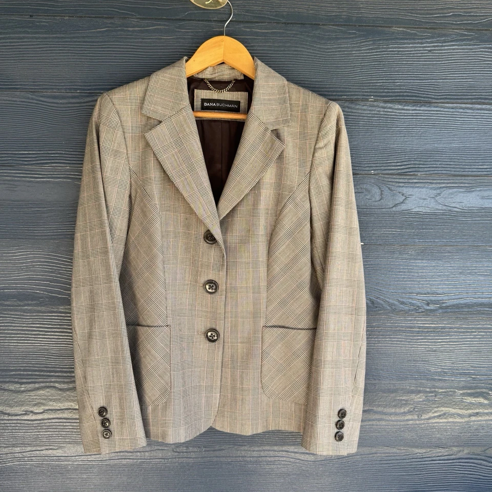 Blazer a cuadros Dana Buchman chaqueta de carrera oficina academia lujo talla 12 Foto 1 de 4