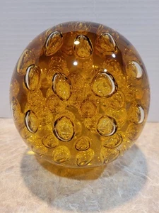 Large Bubbles Amber handblown Ball Paperweight - Picture 1 of 13