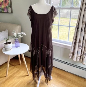 Vestido sin Mangas Vintage Y2K ICE Talla 16 Marrón Asimétrico Cuentas Princesa Hada Años 90 - Imagen 1 de 12