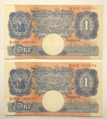 Billetes consecutivos 1940-48 Banco de Inglaterra 1 libra circulados #CN072 Foto 1 de 3