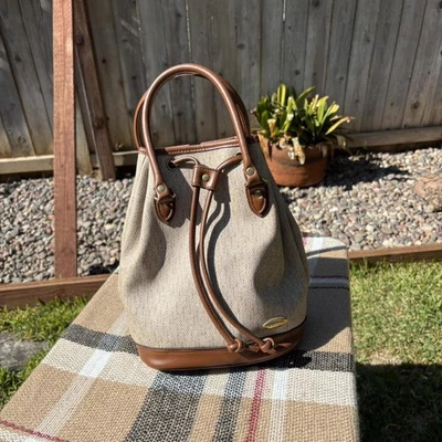 Vintage Liz Claiborne Canvas & Leather Bucket Bag – Tan & Brown – 90s - Image 1 of 4