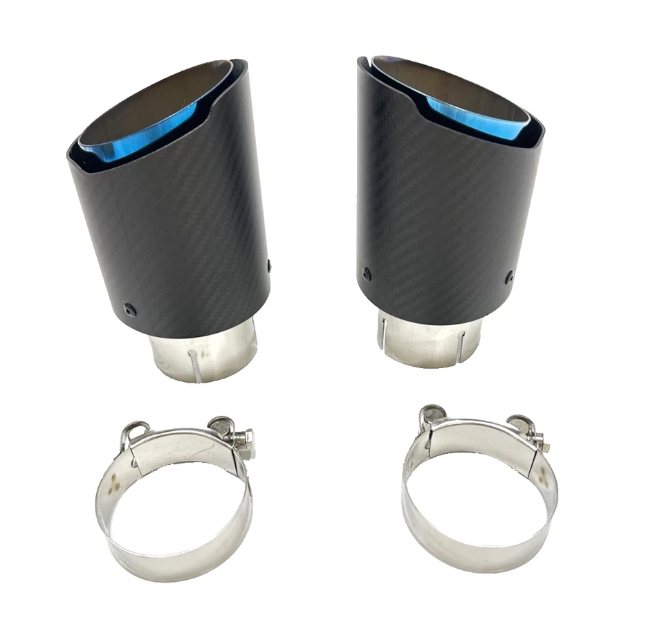 BLUE BURNED Carbon Fiber Exhaust Tip 2.5" Inlet 3.5" Outlet 6.3" Long BMW Tips - Image 1 of 4