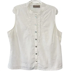 Croft & Borrow Leinen Baumwolle Knopfleiste Top weiß ärmellos Bluse bestickt XL - Bild 1 von 9