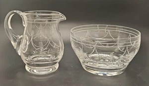 Vintage Stuart Crystal cut Etched Swags glass Milk Jug & Sugar Bowl Signed - Picture 1 of 10
