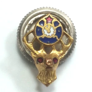 Elks Lodge BPOE orologio alce spilla bavero cravatta tono oro occhi di vetro rosso fondello a vite - Foto 1 di 5