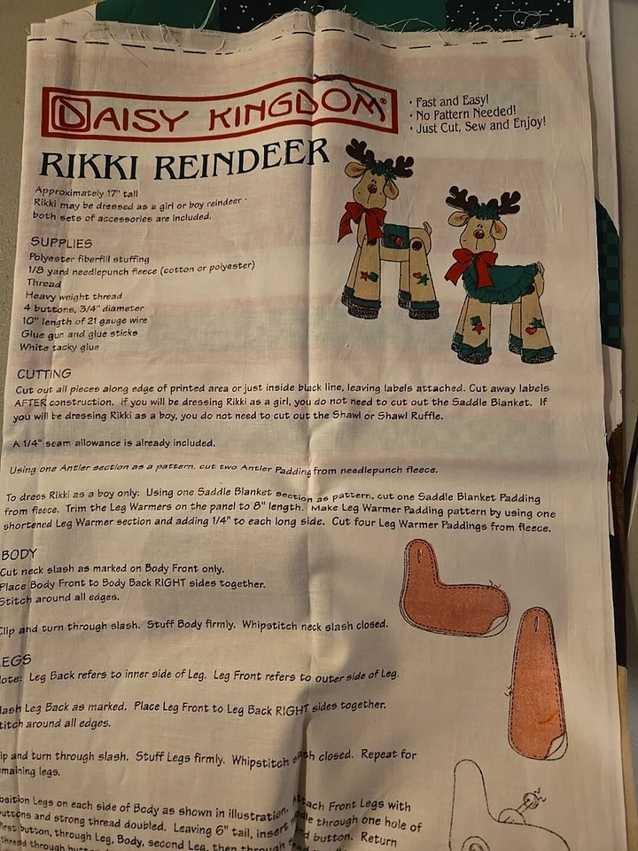 Panel de tela artesanal Daisy Kingdom 17" Rikki Reindeer #3238 1997 EE. UU. sin cortar Foto 1 de 1