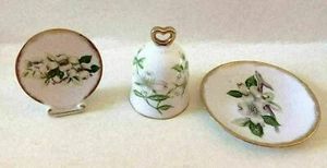 Vintage LEFTON LEGUMES Lot of 3 Porcelain Bell 2 Small Plates White Floral Japan - Picture 1 of 8