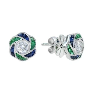 14K Gold Natural Diamond Emerald Sapphire Art Deco Style Rose Stud Earrings - Picture 1 of 12