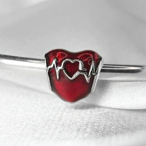 Red Love Heart Charm Bead Dangle Heartbeat Genuine 925 Sterling Silver US SHIP - Picture 1 of 6