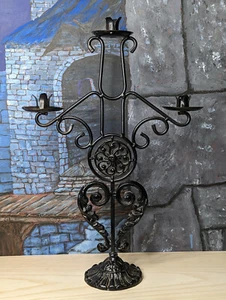 Halloween Candelabra Wrought Iron Vtg 20" Gothic 3 Candle Holder Heart Old World - Picture 1 of 11