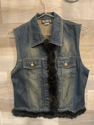 MIXIT dark wash faded rabbit fur lined denim vest S - Image 1 of 4