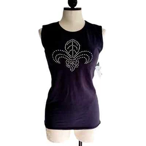 Montanaco Fleur de Lys Black Tank Top Iridescent Rhinestones Sz Large - Picture 1 of 9