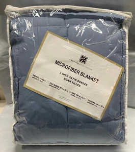 Concierge Collection King Microfiber Down Fill Blanket 3" Satin Border Blue, New - Picture 1 of 5