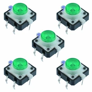 5 x Green LED 12x12mm illuminated PCB Tactile Switch - Picture 1 of 1