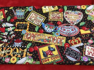 Mary Engelbreit Fabric Remnant 40”x26” Cotton Sayings Mottos Cherries on Black - Image 1 of 4