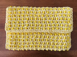Vintage WALBORG Yellow Beaded Clutch Bag 60s Italian Barbie Purse Straw Handbag - Picture 1 of 15