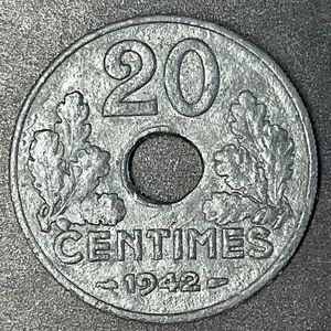 FRANCE Vichy French State 1942 20 Centimes Etat Francais Zinc WWII Foreign Coin - Picture 1 of 2